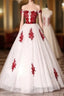 White Tulle Scoop Long Formal Dresses With Red Lace, Lovely Red Formal Dresses Prom Dresses