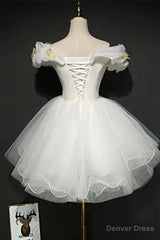 White Tulle Short Off Shoulder Homecoming Dress, White Graduation Dress
