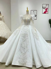 White Tulle V-neck Long Sleeve Appliques Wedding Dress