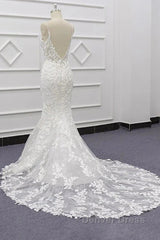 White Tulle Wedding Dresses Lace Appliques Spaghetti Straps Mermaid Bridal Dresses Open Back