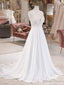White V Neck Lace Chiffon Long Wedding Dress, Beach Wedding Dresses