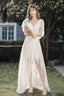 White V-Neck Lace High Low Prom Dress, White Evening Dress