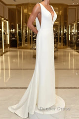 White v neck long prom Dresses, white evening Dresses