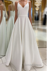 White v neck satin long prom Dresses white evening Dresses
