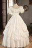 White V Neck Satin Long Prom Dress with Lace, Wedding Dresses