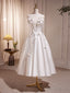 White V Neck Satin Tea Length Prom Dress, White Prom Dresses With Beading