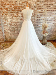 White V Neck Tulle Lace Long Prom Dress, Lace Tulle Wedding Dress