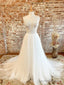 White V Neck Tulle Lace Long Prom Dress, Lace Tulle Wedding Dresses