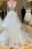 White V Neck Tulle Lace Long Prom Dresses White Lace Wedding Dresses