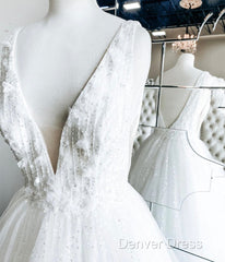 White V Neck Tulle Lace Long Prom Gown Wedding Dresses