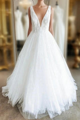 White V Neck Tulle Lace Long Prom Gown Wedding Dresses