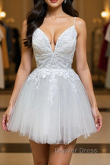 White v neck tulle lace short prom Dresses, white homecoming Dresses