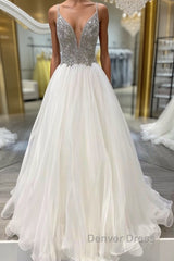 White v neck tulle long prom Dresses white tulle formal Dresses