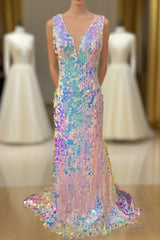 Mermaid V-Neck Sequined Long Prom Dresses