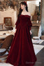 Wine Red Beaded Puffy Sleeves Long Prom Dress, Wine Red Velvet A-Line Prom Dresses