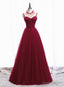Wine Red Beaded Straps Prom Dress Prom Dress, Beaded Tulle Prom Dresses