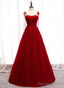 Wine Red Beaded Sweetheart Tulle Floor Length Party Dress, Wine Red Long Prom Dress