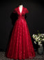 Wine Red Lace A Line Open Back Long Prom Dress, A Line Wine Red Prom Dresses