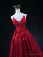 Wine Red Lace Applique Straps V-neckline Party Dress, Floor Length Wine Red Prom Dress