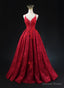 Wine Red Lace Applique Straps V Neckline Prom Dress, Floor Length Wine Red Prom Dresses