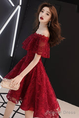 Wine Red Lace High Low Off Shoulder Party Dress, Dark Red Homecoming Dress