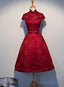 Wine Red Lace Tea Length Wedding Prom Dress, Beautiful Lace Prom Dresses