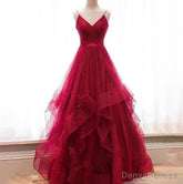 Wine Red Layers Tulle V-neckline Straps Formal Dress, Wine Red Evening Dress Party Dress