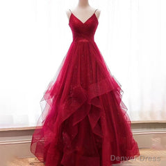 Wine Red Layers Tulle V-neckline Straps Formal Dress, Wine Red Evening Dress Party Dress