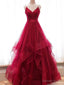 Wine Red Layers Tulle V Neckline Straps Prom Dress, Wine Red Prom Dress