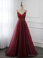 Wine Red Long Tulle V Neckline Beaded Junior Prom Dress, Dark Red Prom Dresses