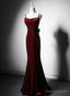 Wine Red Low Back Mermaid Prom Dress, Velvet Straps Long Prom Dresses