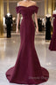 Wine Red Mermaid Lace Up Satin Long Prom Dress, Wine Red Off Shoulder Prom Dresses