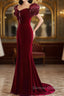 Wine Red Mermaid Long Party Dresses With Bow, Wine Red Evening Dresses Prom Dresses