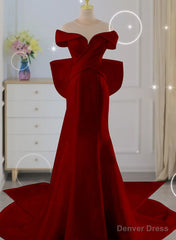 Wine Red Mermaid Long Party Dress with Bow, Wine Red Wedding Party Dress