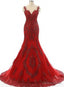 Wine Red Mermaid Long Prom Dress with Lace Applique, Wine Red Prom Dresses