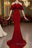 Wine Red Mermaid Off Shoulder Halter Neckline Prom Dresses, Wine Red Prom Gowns