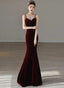 Wine Red Mermaid Straps Long Prom Dress, Wine Red Velvet Long Prom Dresses