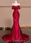 Wine Red Off Shoulder Satin Long Prom Dress, Wine Red Prom Dresses