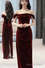 Wine Red Off Shoulder Scoop Long Party Dress, Wine Red Velvet Prom Dress