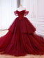 Wine Red Off Shoulder Tulle Beaded Long Prom Dress, Wine Red Tulle Sweet 16 Dresses