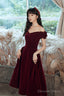 Wine Red Off Shoulder Velvet Tea Length Prom Dress, Velvet Prom Dress Homecoming Dresses