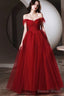 Wine Red Off Shouldertulle Long A-Line Prom Dress, Wine Red Sweetheart Evening Dress
