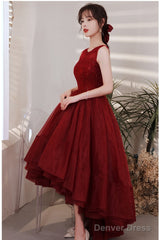Wine Red Organza Lace High Low Chic Party Dresses Prom Dress, Wine Red Homecoming Dresses