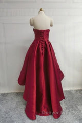 Wine Red Pretty High Low Party Dresses, Wine Red Homecoming Dresses, Lace-Up Junior Prom Dresses