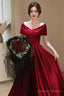 Wine Red Satin A-Line Off Shoulder Long Party Dress, Wine Red Simple Prom Dress