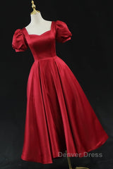 Wine Red Satin Bridesmaid Dresses Party Dresses, Tea Length Prom Dresses