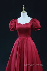 Wine Red Satin Bridesmaid Dresses Party Dresses, Tea Length Prom Dresses