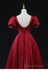 Wine Red Satin Bridesmaid Dresses Party Dresses, Tea Length Prom Dresses