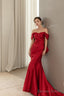 Wine Red Satin Mermaid Long Party Dress With Bow, Wine Red Off Shoulder Prom Dress