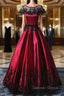 Wine Red Satin Round Neckline With Black Lace Party Dresses, Wine Red Prom Dresses